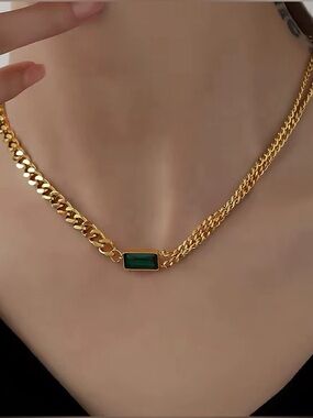 18K Gold Plated Emerald Green Pendant Cuban Chain Necklace